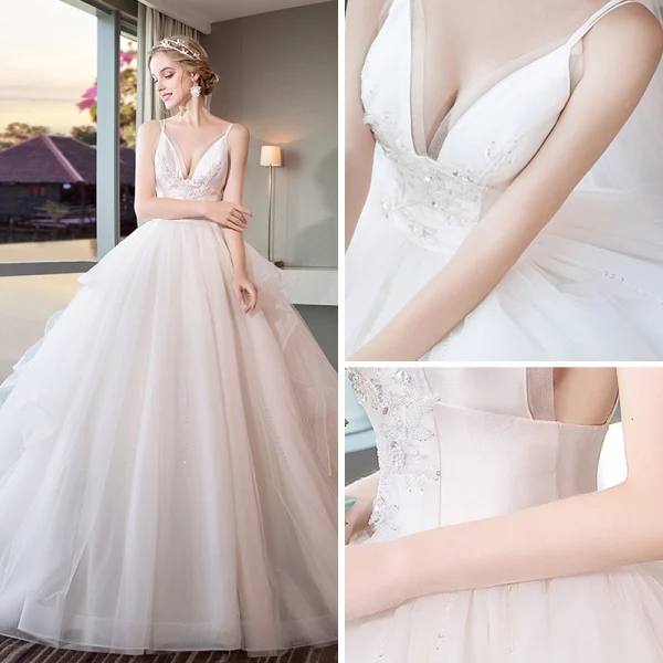 Modern / Fashion Ivory Wedding Dresses 2018 Ball Gown Shoulders Spaghetti Straps Sleeveless Backless Appliques Lace Sequins Cathedral Train Ruffle