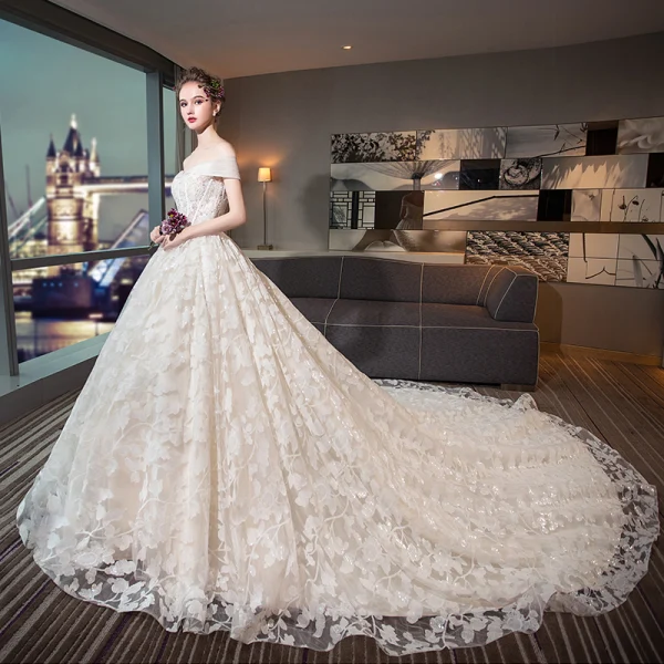 Bling Bling Ivory Wedding Dresses 2018 Ball Gown Off-The-Shoulder Short Sleeve Backless Glitter Appliques Lace Beading Pearl Cathedral Train Ruffle