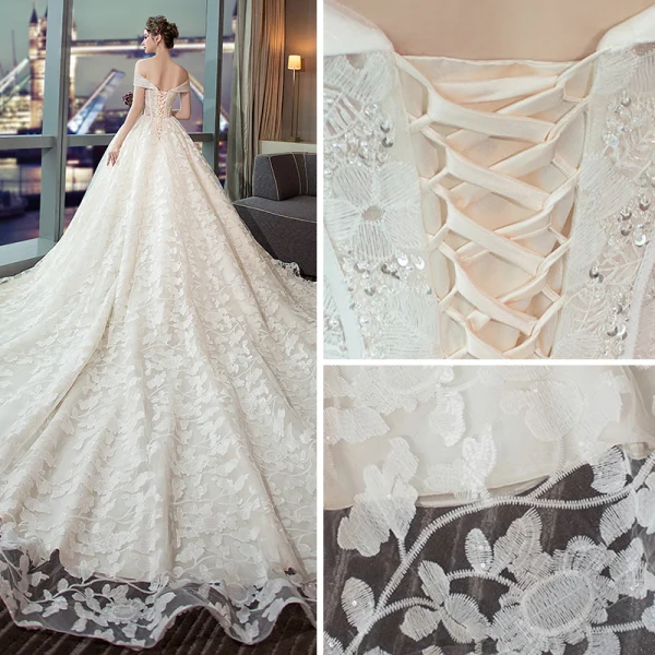 Bling Bling Ivory Wedding Dresses 2018 Ball Gown Off-The-Shoulder Short Sleeve Backless Glitter Appliques Lace Beading Pearl Cathedral Train Ruffle