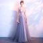 Chic / Beautiful Silver Evening Dresses  2017 A-Line / Princess Pierced V-Neck Sleeveless Appliques Flower Pearl Court Train Backless Formal Dresses