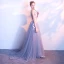 Chic / Beautiful Silver Evening Dresses  2017 A-Line / Princess Pierced V-Neck Sleeveless Appliques Flower Pearl Court Train Backless Formal Dresses