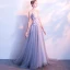 Chic / Beautiful Silver Evening Dresses  2017 A-Line / Princess Pierced V-Neck Sleeveless Appliques Flower Pearl Court Train Backless Formal Dresses