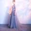 Chic / Beautiful Silver Evening Dresses  2017 A-Line / Princess Pierced V-Neck Sleeveless Appliques Flower Pearl Court Train Backless Formal Dresses