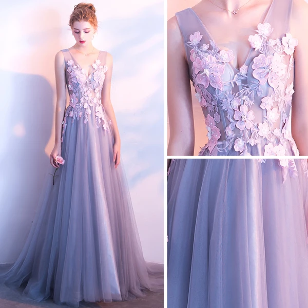 Chic / Beautiful Silver Evening Dresses 2017 A-Line / Princess Pierced V-Neck Sleeveless Appliques Flower Pearl Court Train Backless Formal Dresses