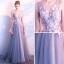 Chic / Beautiful Silver Evening Dresses  2017 A-Line / Princess Pierced V-Neck Sleeveless Appliques Flower Pearl Court Train Backless Formal Dresses