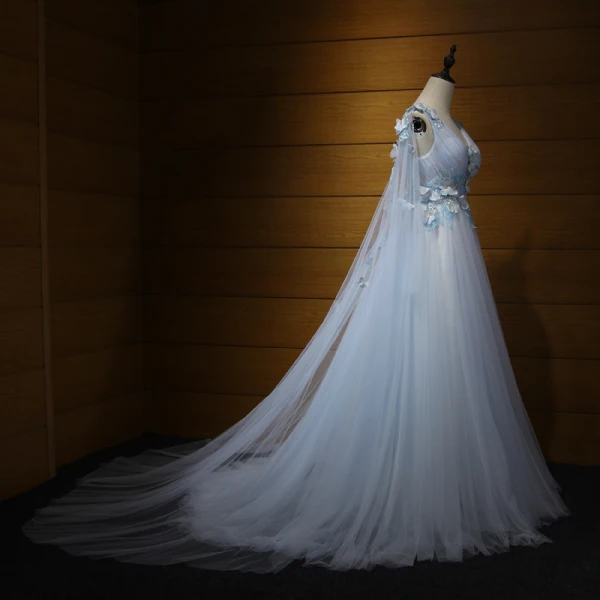 Elegant Formal Dresses 2017 Prom Dresses Sky Blue Chapel Train A-Line / Princess Cascading Ruffles V-Neck Sleeveless Backless Butterfly Appliques Flower Beading Crystal Pearl