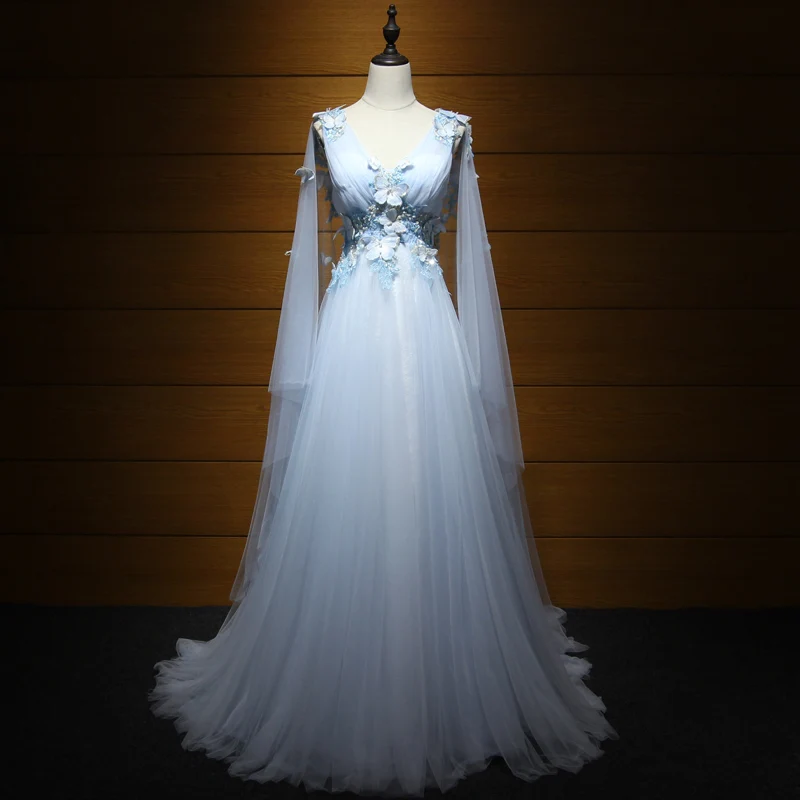 Elegant Formal Dresses 2017 Prom Dresses Sky Blue Chapel Train A Line  Princess Cascading Ruffles V Neck Sleeveless Backless Butterfly Appliques  Flower Beading Crystal Pearl