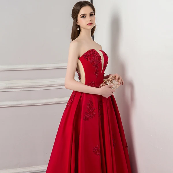 Elegant Burgundy Prom Dresses 2018 A-Line / Princess V-Neck Sleeveless Appliques Lace Beading Ankle Length Ruffle Backless Formal Dresses