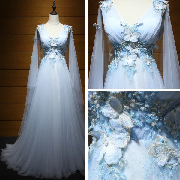 Elegant Formal Dresses 2017 Prom Dresses Sky Blue Chapel Train A-Line / Princess Cascading Ruffles V-Neck Sleeveless Backless Butterfly Appliques Flower Beading Crystal Pearl