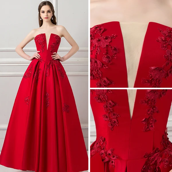 Elegant Burgundy Prom Dresses 2018 A-Line / Princess V-Neck Sleeveless Appliques Lace Beading Ankle Length Ruffle Backless Formal Dresses