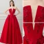 Elegant Burgundy Prom Dresses 2018 A-Line / Princess V-Neck Sleeveless Appliques Lace Beading Ankle Length Ruffle Backless Formal Dresses