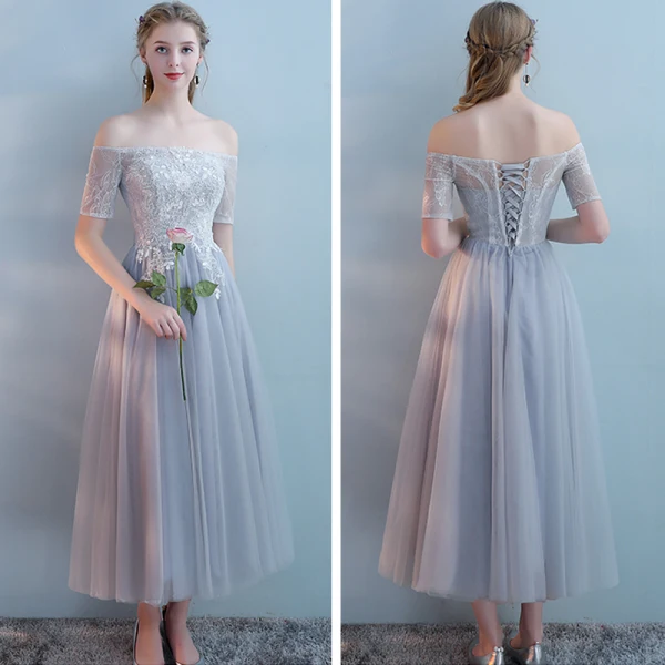 Elegante Grijs Bruidsmeisjes Jurken 2018 A lijn Appliques Kant Tea-length Ruche Ruglooze Jurken Voor Bruiloft
