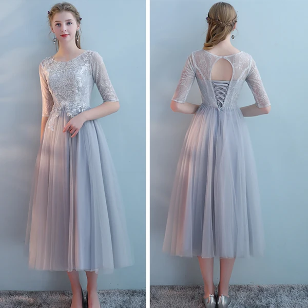 Elegante Grijs Bruidsmeisjes Jurken 2018 A lijn Appliques Kant Tea-length Ruche Ruglooze Jurken Voor Bruiloft