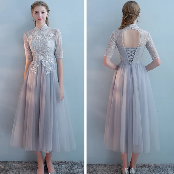 Elegante Grijs Bruidsmeisjes Jurken 2018 A lijn Appliques Kant Tea-length Ruche Ruglooze Jurken Voor Bruiloft
