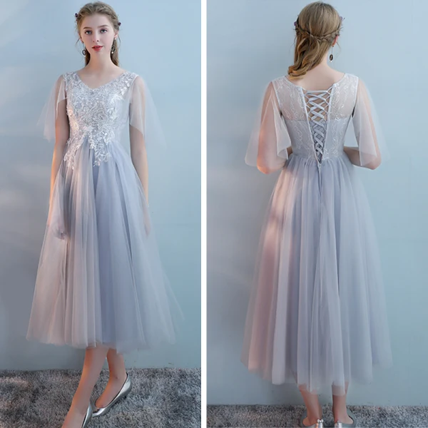 Elegante Grijs Bruidsmeisjes Jurken 2018 A lijn Appliques Kant Tea-length Ruche Ruglooze Jurken Voor Bruiloft