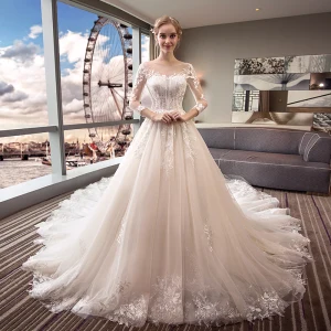 Elegant Ivory See Through Wedding Dresses 2018 Ball Gown Scoop Neck 3 4 Sleeve Backless Appliques Pierced Lace Royal Train Ruffle