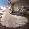 Elegant Ivory See-through Wedding Dresses 2018 Ball Gown Scoop Neck 3/4 Sleeve Backless Appliques Pierced Lace Royal Train Ruffle