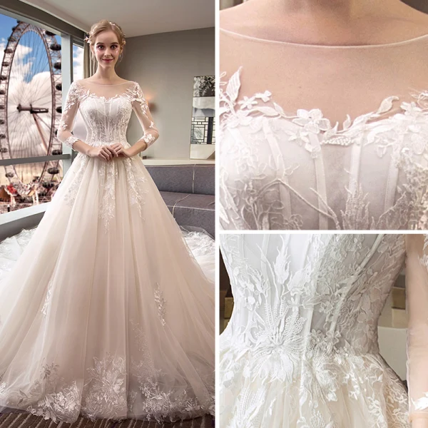 Élégant Ivoire Transparentes Robe De Mariée 2018 Robe Boule Encolure Dégagée 3/4 Manches Dos Nu Appliques Percé En Dentelle Royal Train Volants