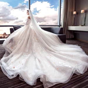 Colored Champagne Wedding Dresses 2018 Ball Gown Off The Shoulder Short Sleeve 3 4 Sleeve Backless Appliques Lace Beading Royal Train Ruffle