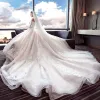 Colored Champagne Wedding Dresses 2018 Ball Gown Off-The-Shoulder Short Sleeve 3/4 Sleeve Backless Appliques Lace Beading Royal Train Ruffle