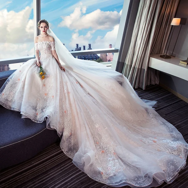 Colored Champagne Wedding Dresses 2018 Ball Gown Off-The-Shoulder Short Sleeve 3/4 Sleeve Backless Appliques Lace Beading Royal Train Ruffle