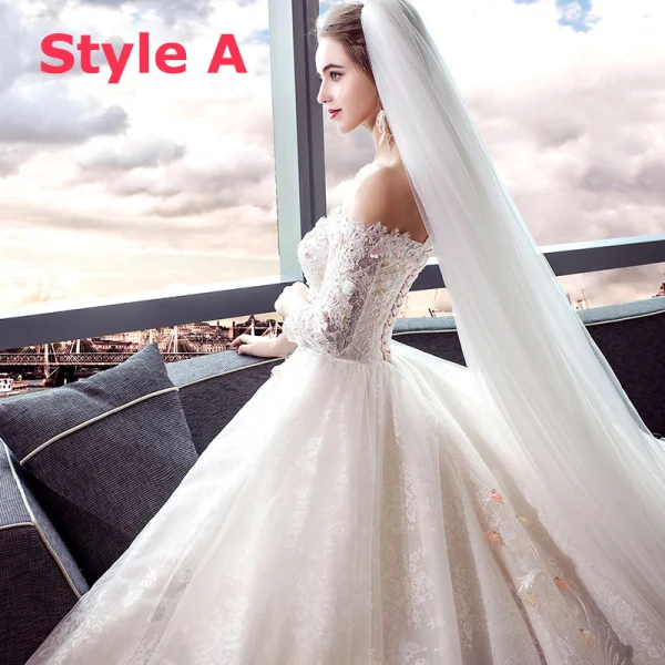 Colored Champagne Wedding Dresses 2018 Ball Gown Off-The-Shoulder Short Sleeve 3/4 Sleeve Backless Appliques Lace Beading Royal Train Ruffle