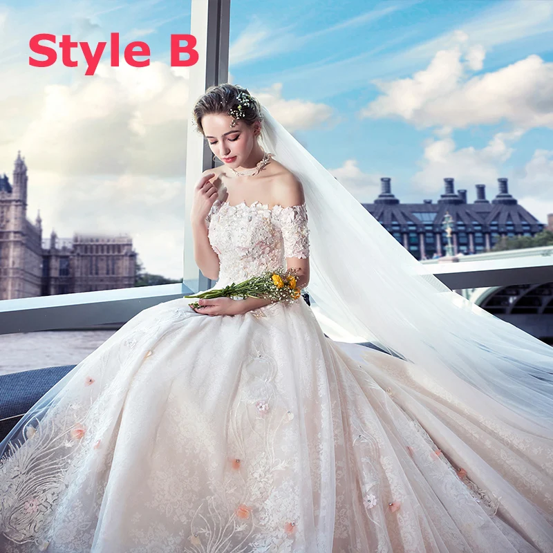 Colored Champagne Wedding Dresses 2018 Ball Gown Off The Shoulder Short  Sleeve 3 4 Sleeve Backless Appliques Lace Beading Royal Train Ruffle