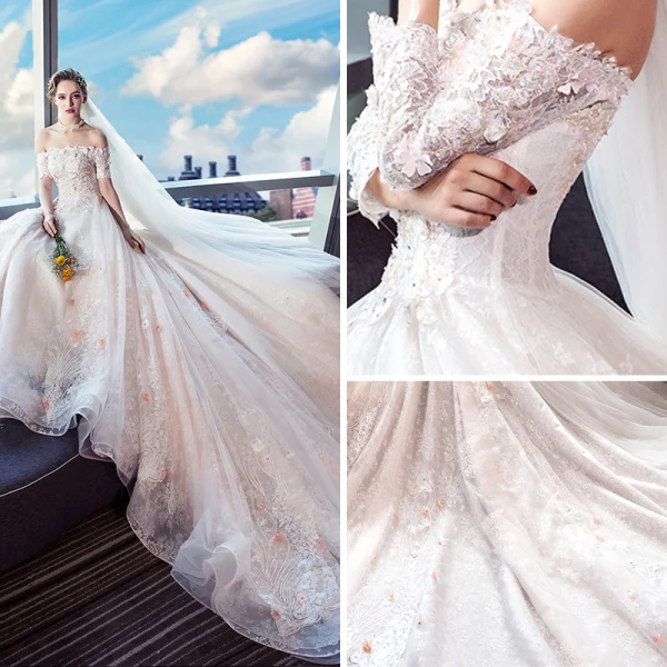 Colored Champagne Wedding Dresses 2018 Ball Gown Off-The-Shoulder Short Sleeve 3/4 Sleeve Backless Appliques Lace Beading Royal Train Ruffle