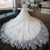 Luxury / Gorgeous Ivory Wedding Dresses 2018 Ball Gown V-Neck Short Sleeve Backless Glitter Tulle Beading Royal Train Ruffle