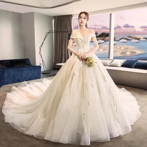 Modern Fashion Champagne Wedding Dresses 2018 Ball Gown Off The Shoulder Short Sleeve Backless Appliques Lace Pearl Royal Train Ruffle