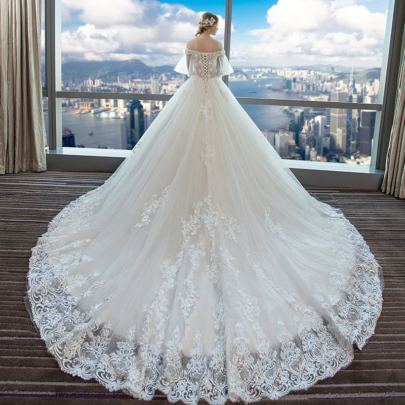 Ballgown Bride Dresses 2018 Elegant Ivory Wedding Dresses 2018 Ball Gown  Off-The-Shoulder 1/2