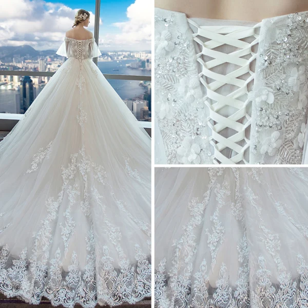 Elegante Ivory / Creme Brautkleider 2018 Ballkleid Off Shoulder 1/2 Ärmel Rückenfreies Perlenstickerei Pailletten Applikationen Mit Spitze Kathedrale Schleppe Rüschen
