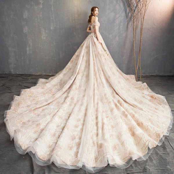 Elegant Champagne Wedding Dresses 2018 A-Line / Princess Off-The-Shoulder Short Sleeve Backless Glitter Embroidered Cathedral Train Ruffle