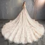 Elegant Champagne Wedding Dresses 2018 A-Line / Princess Off-The-Shoulder Short Sleeve Backless Glitter Embroidered Cathedral Train Ruffle