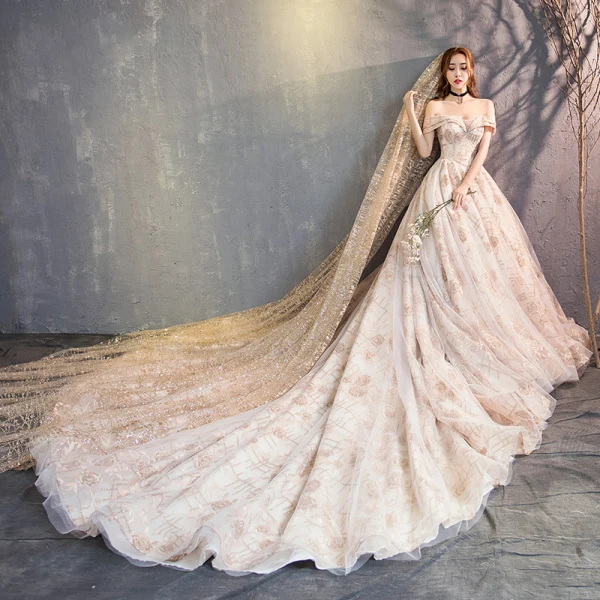 Elegant Champagne Wedding Dresses 2018 A-Line / Princess Off-The-Shoulder Short Sleeve Backless Glitter Embroidered Cathedral Train Ruffle