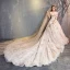 Elegant Champagne Wedding Dresses 2018 A-Line / Princess Off-The-Shoulder Short Sleeve Backless Glitter Embroidered Cathedral Train Ruffle