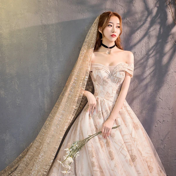 Elegant Champagne Wedding Dresses 2018 A-Line / Princess Off-The-Shoulder Short Sleeve Backless Glitter Embroidered Cathedral Train Ruffle