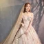 Elegant Champagne Wedding Dresses 2018 A-Line / Princess Off-The-Shoulder Short Sleeve Backless Glitter Embroidered Cathedral Train Ruffle