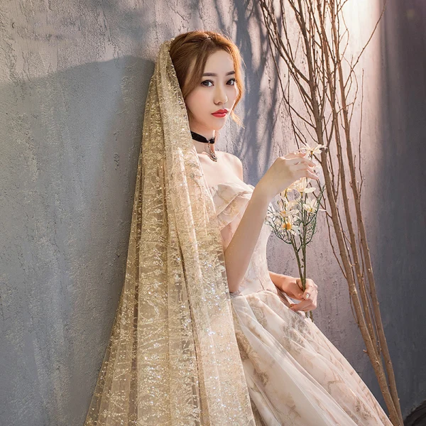 Elegant Champagne Wedding Dresses 2018 A-Line / Princess Off-The-Shoulder Short Sleeve Backless Glitter Embroidered Cathedral Train Ruffle