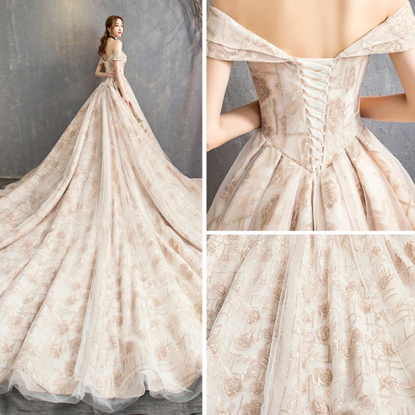 Elegant Champagne Wedding Dresses 2018 A-Line / Princess Off-The-Shoulder Short Sleeve Backless Glitter Embroidered Cathedral Train Ruffle