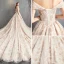 Elegant Champagne Wedding Dresses 2018 A-Line / Princess Off-The-Shoulder Short Sleeve Backless Glitter Embroidered Cathedral Train Ruffle