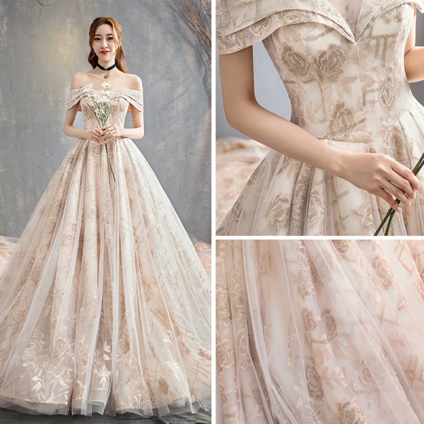Elegant Champagne Wedding Dresses 2018 A-Line / Princess Off-The-Shoulder Short Sleeve Backless Glitter Embroidered Cathedral Train Ruffle