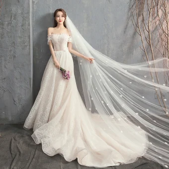 Modern Fashion Champagne Wedding Dresses 2018 A Line Princess Off The Shoulder Short Sleeve Backless Appliques Flower Beading Pearl Court Train Ruffle