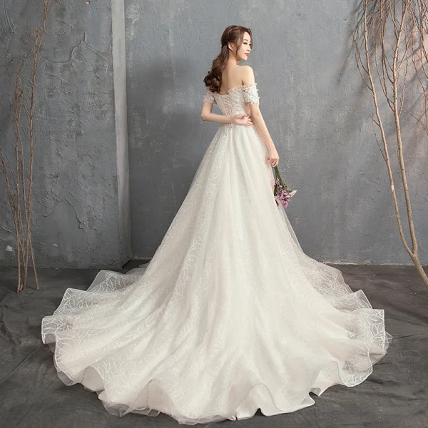 Modern / Fashion Champagne Wedding Dresses 2018 A-Line / Princess Off-The-Shoulder Short Sleeve Backless Appliques Flower Beading Pearl Court Train Ruffle
