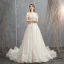 Modern / Fashion Champagne Wedding Dresses 2018 A-Line / Princess Off-The-Shoulder Short Sleeve Backless Appliques Flower Beading Pearl Court Train Ruffle