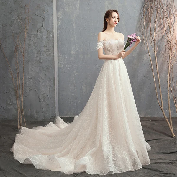 Modern / Fashion Champagne Wedding Dresses 2018 A-Line / Princess Off-The-Shoulder Short Sleeve Backless Appliques Flower Beading Pearl Court Train Ruffle