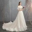 Modern / Fashion Champagne Wedding Dresses 2018 A-Line / Princess Off-The-Shoulder Short Sleeve Backless Appliques Flower Beading Pearl Court Train Ruffle