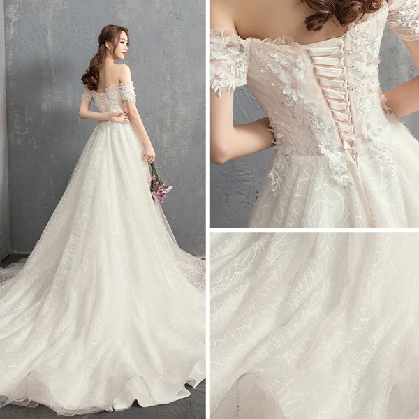 Modern / Fashion Champagne Wedding Dresses 2018 A-Line / Princess Off-The-Shoulder Short Sleeve Backless Appliques Flower Beading Pearl Court Train Ruffle