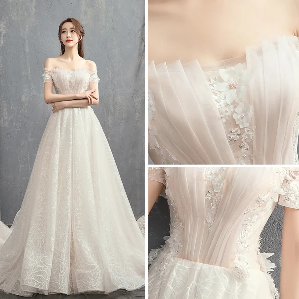 Modern / Fashion Champagne Wedding Dresses 2018 A-Line / Princess Off-The-Shoulder Short Sleeve Backless Appliques Flower Beading Pearl Court Train Ruffle