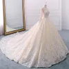 Luxury / Gorgeous Champagne See-through Wedding Dresses 2018 Ball Gown Scoop Neck Long Sleeve Appliques Lace Beading Pearl Sequins Royal Train Ruffle